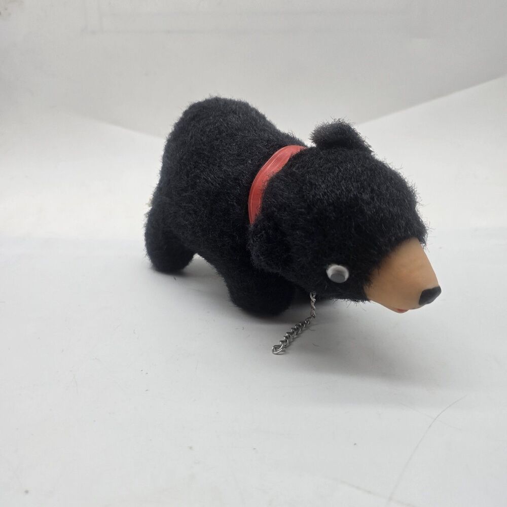 Vintage Straw Stuffed Black Bear With Red Collar Rubber Nose Japan Toy